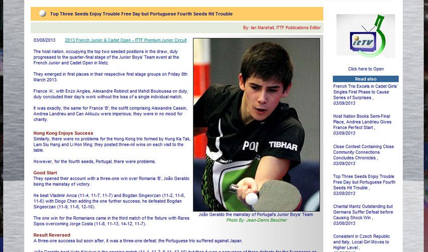 Portugal em destaque no site da ITTF